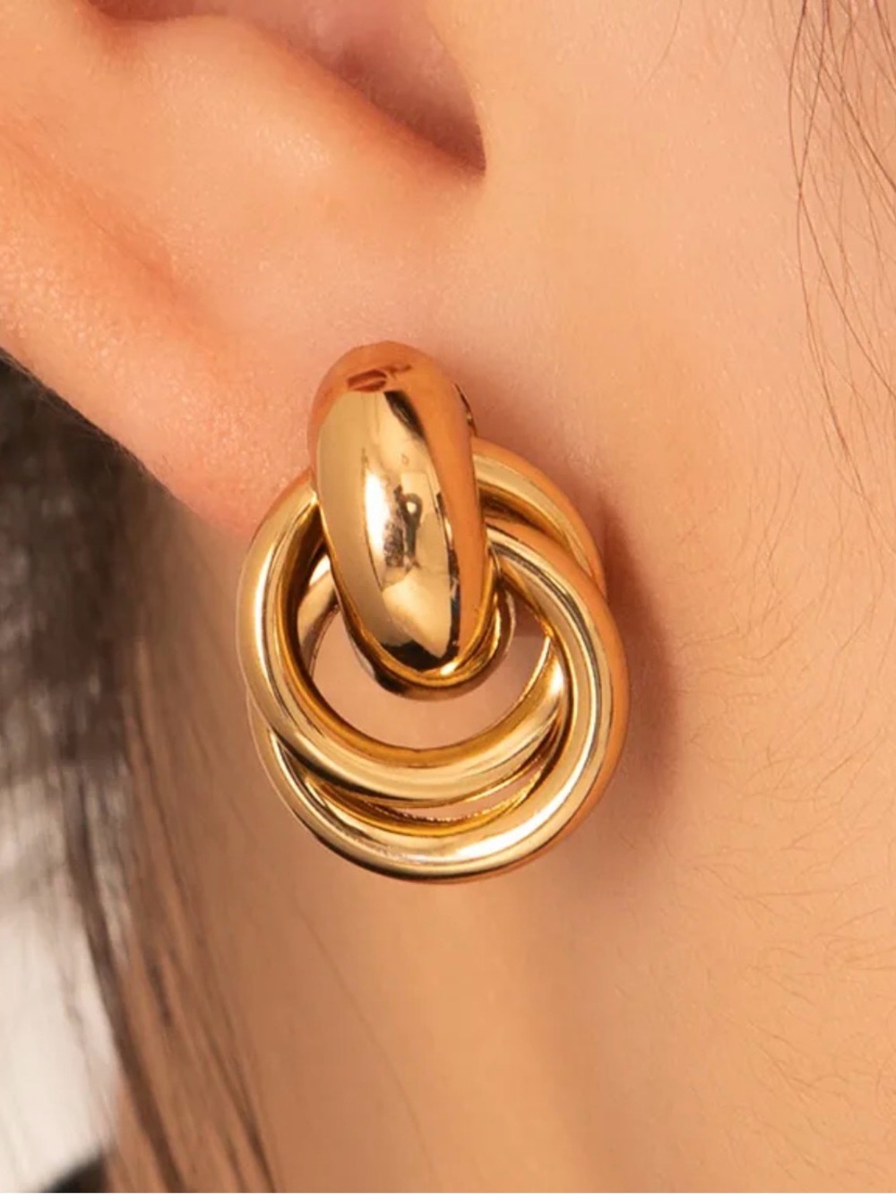 18k gold Classic Gold Triple Hoop Knot Earrings - Women Jewelry